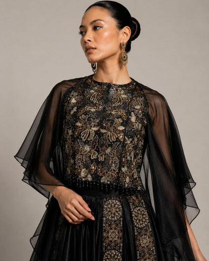 Midnight Noir Embellished Cape Gown