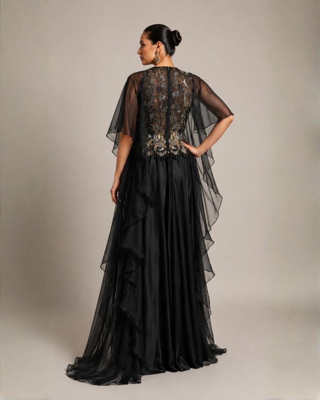 Midnight Noir Embellished Cape Gown