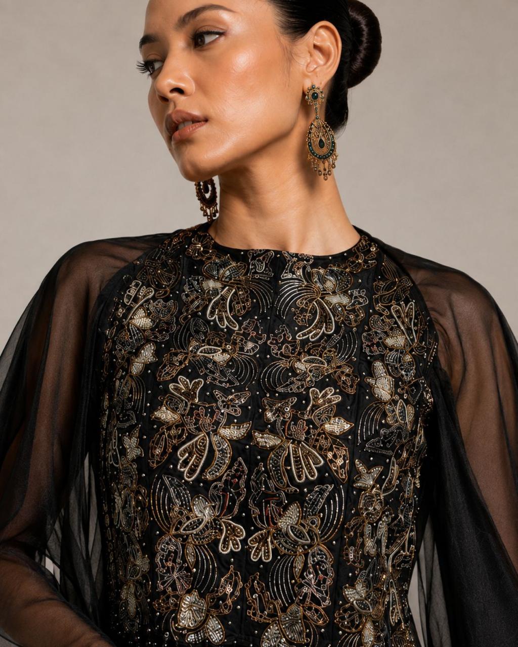 Midnight Noir Embellished Cape Gown