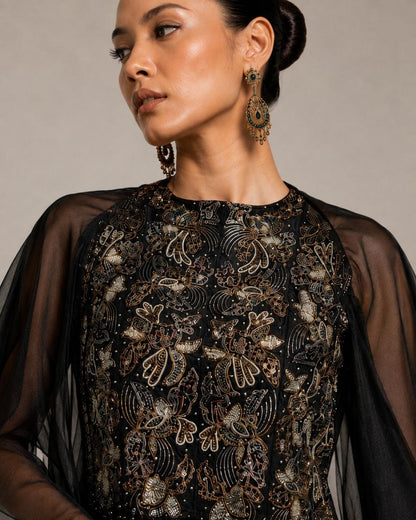 Midnight Noir Embellished Cape Gown