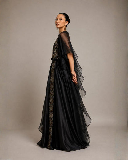 Midnight Noir Embellished Cape Gown