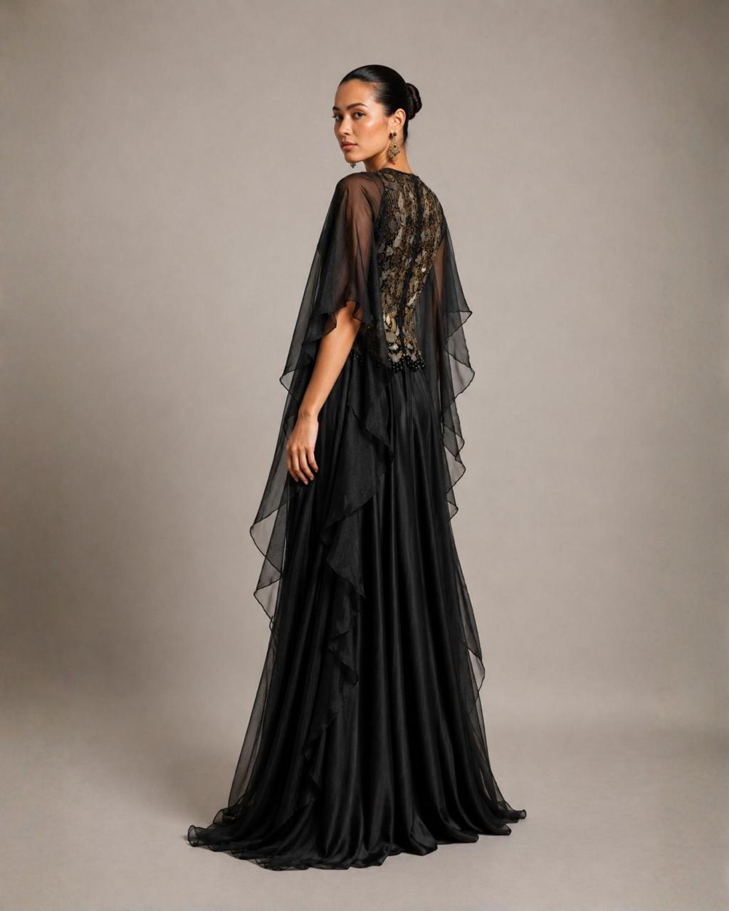 Midnight Noir Embellished Cape Gown