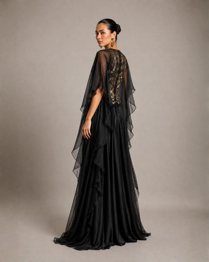 Midnight Noir Embellished Cape Gown