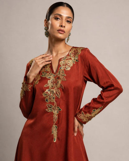 Rust Embroidered Kurta with Wide Leg Palazzo Set