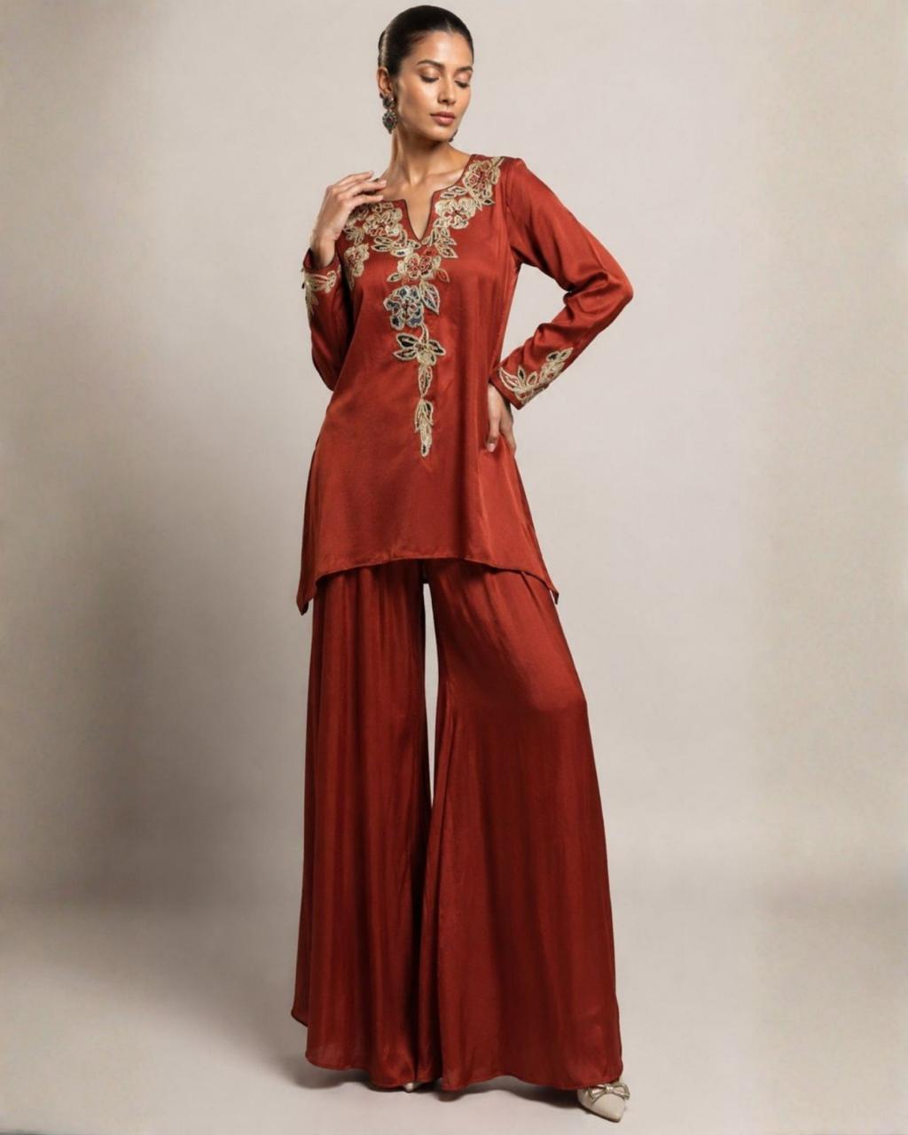 Rust Embroidered Kurta with Wide Leg Palazzo Set