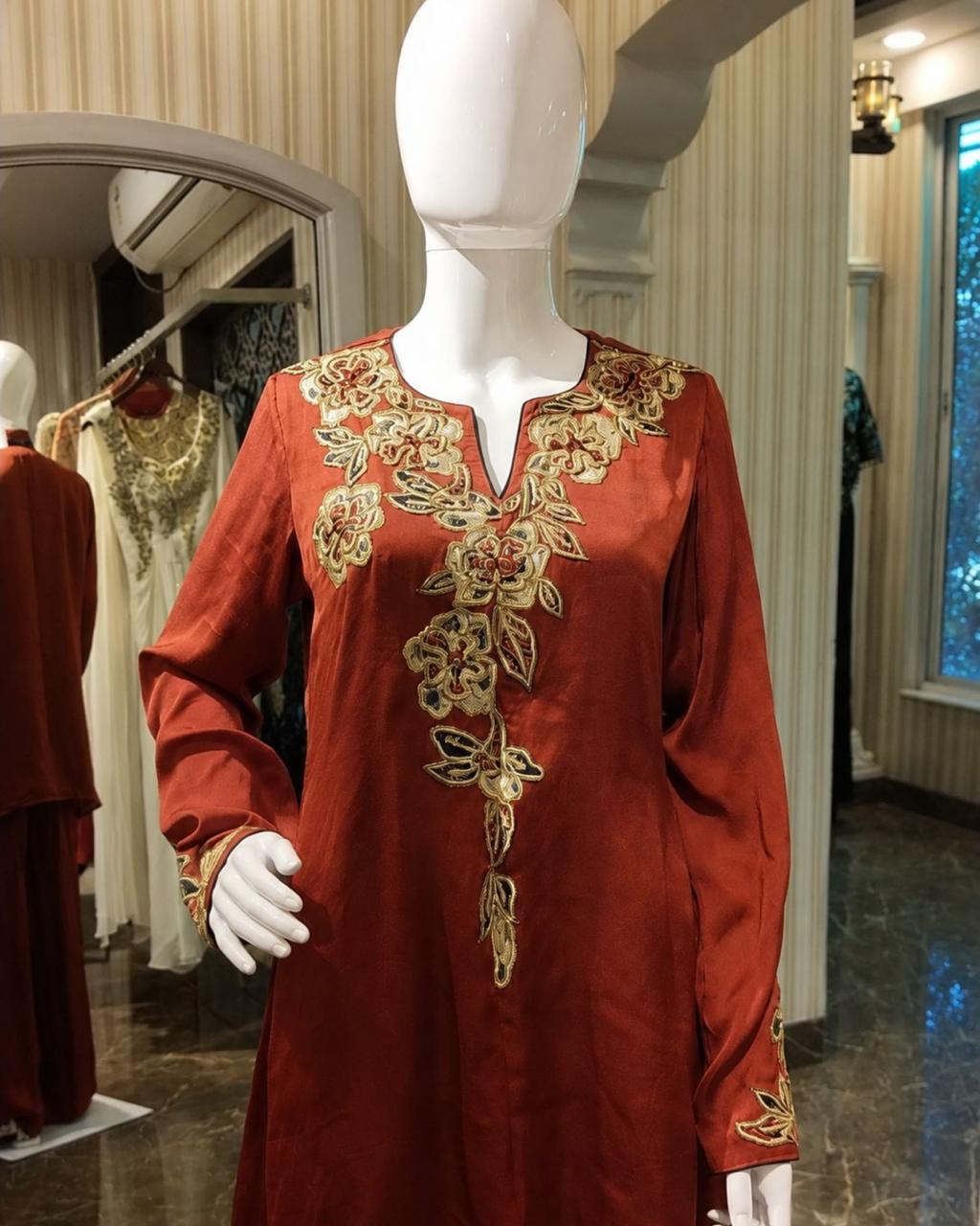 Rust Embroidered Kurta with Wide Leg Palazzo Set