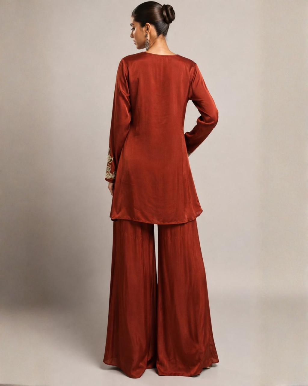 Rust Embroidered Kurta with Wide Leg Palazzo Set