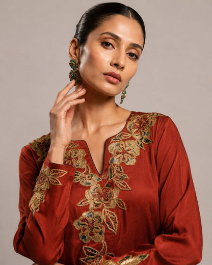 Rust Embroidered Kurta with Wide Leg Palazzo Set