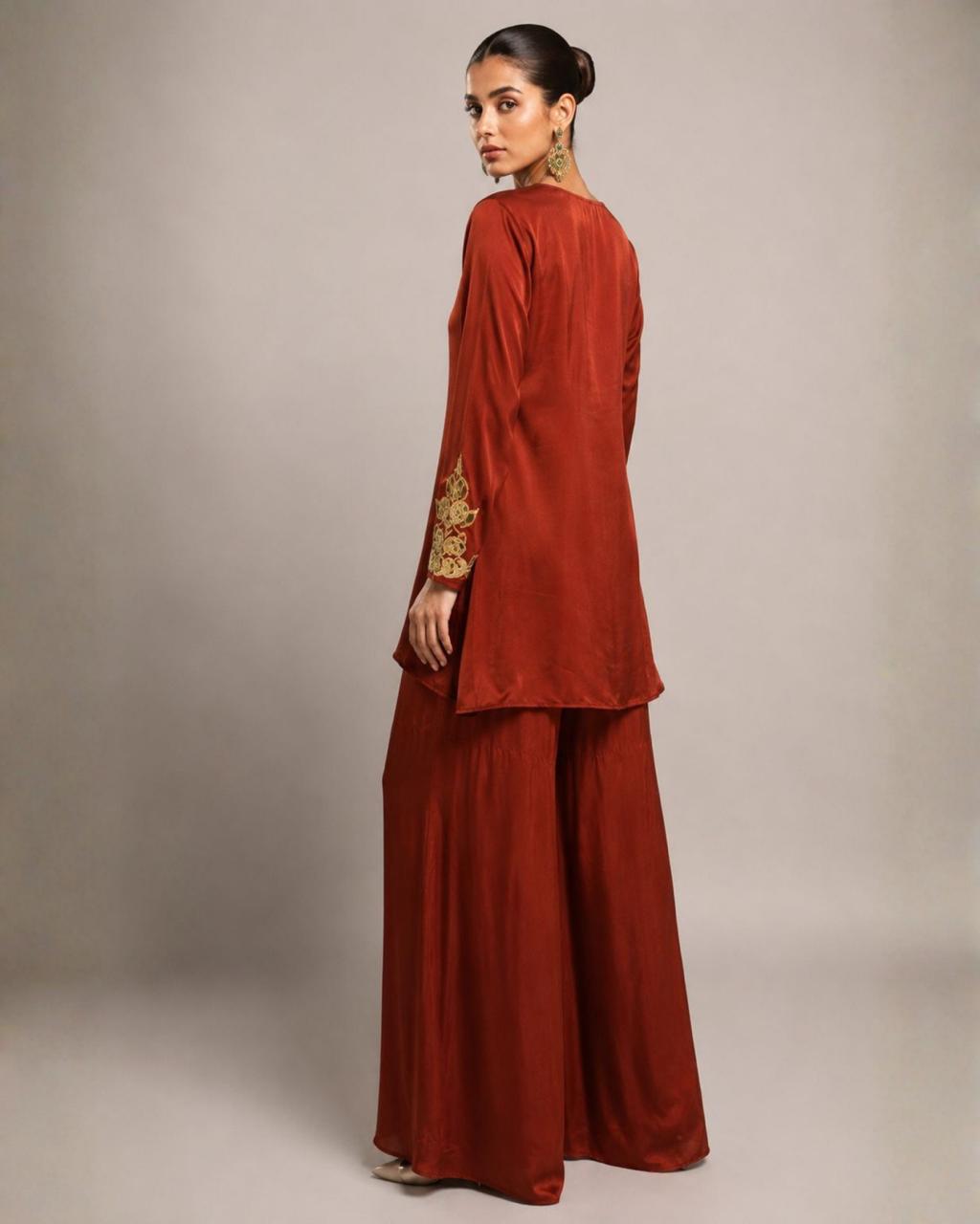 Rust Embroidered Kurta with Wide Leg Palazzo Set