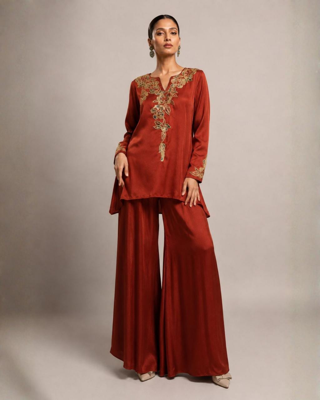 Rust Embroidered Kurta with Wide Leg Palazzo Set