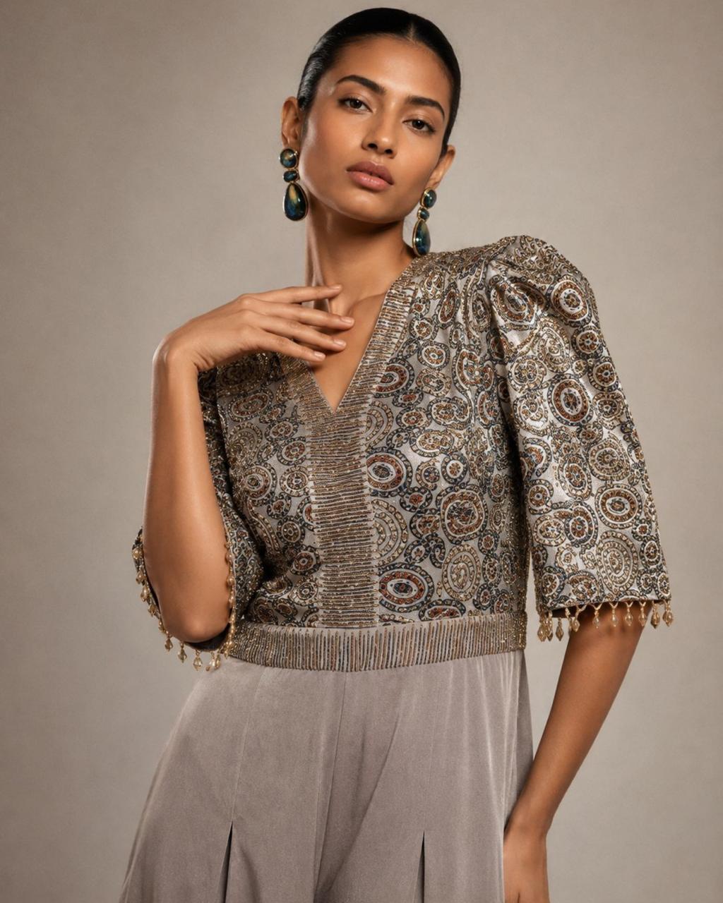 Grey Printed Bodice Pleated Palazzo Jumpsuit