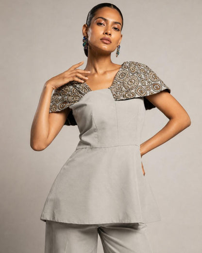 Pearl Grey Peplum Top with Wide-Leg Pants Co-Ord Set