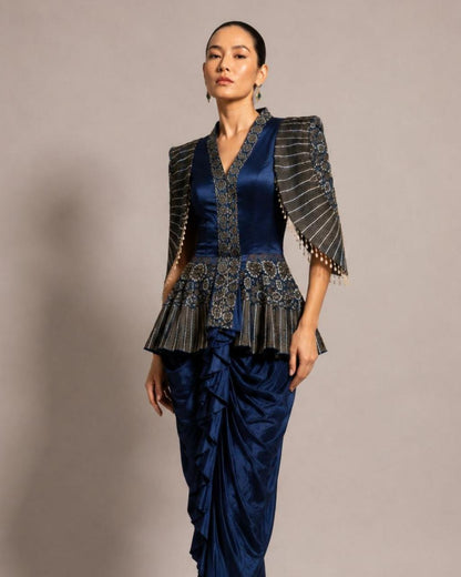 Midnight Blue Draped Dhoti Co-Ord Set with Embroidered Cape Sleeves