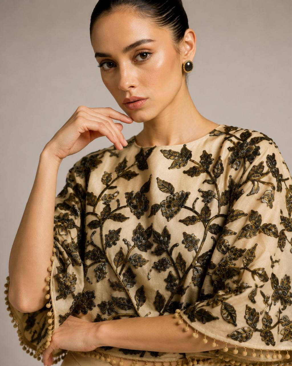 Floral Embroidered Cape Co-Ord Set