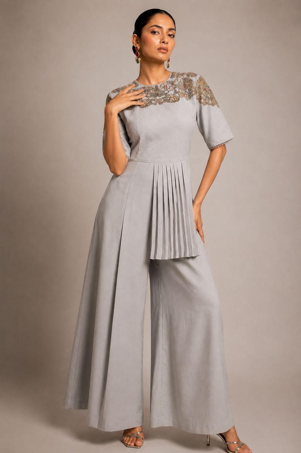 Celeste Blue Embroidered Pleated Co-Ord Set