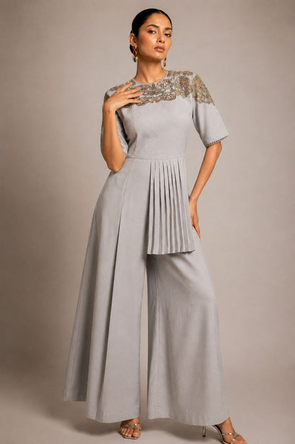 Celeste Blue Embroidered Pleated Co-Ord Set