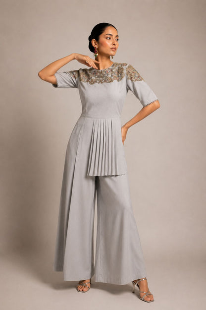 Celeste Blue Embroidered Pleated Co-Ord Set