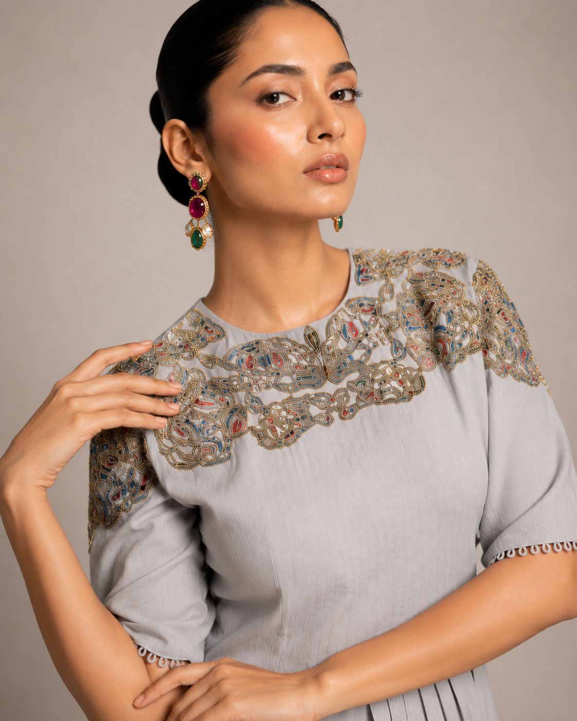 Celeste Blue Embroidered Pleated Co-Ord Set