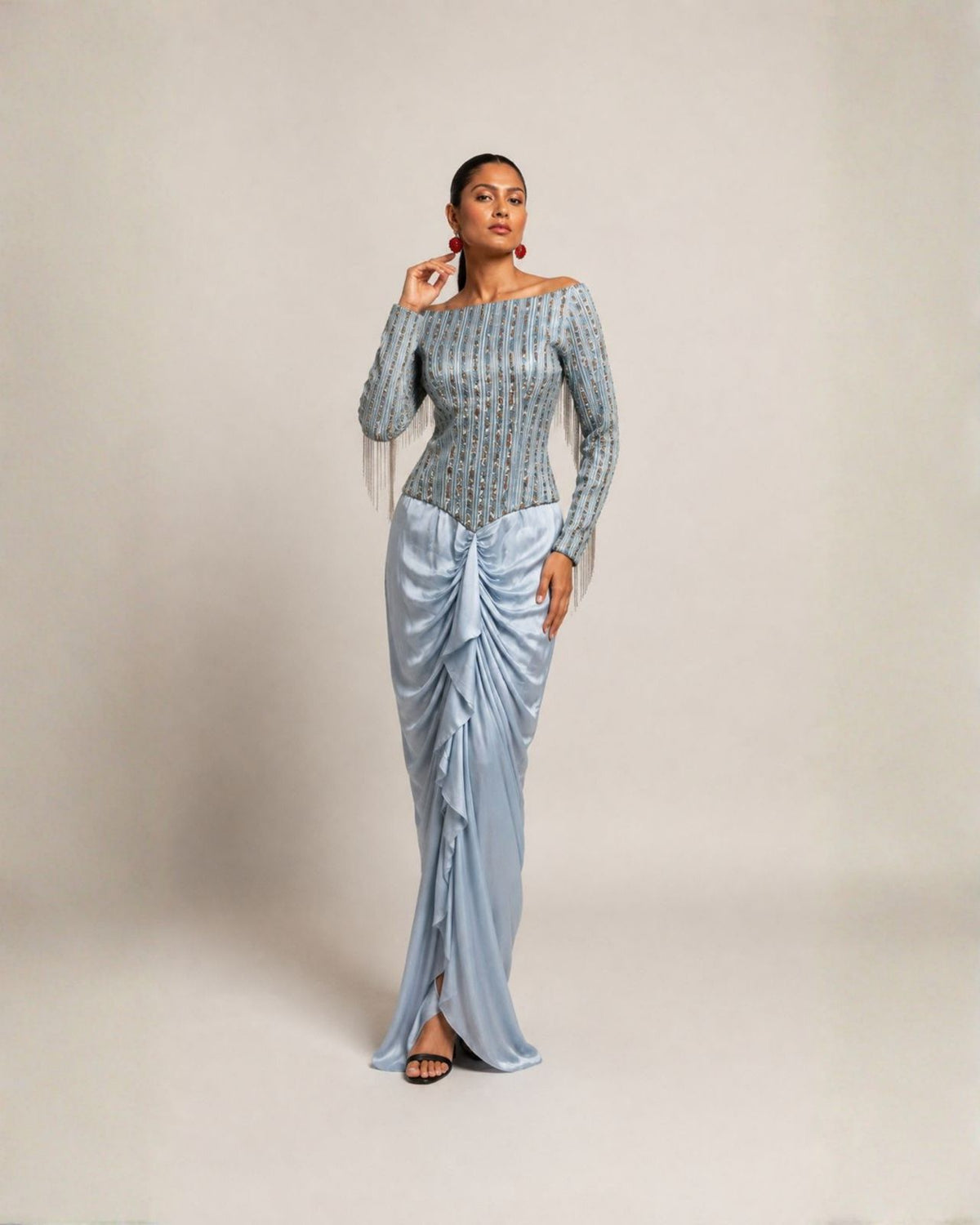 Powder Blue Off-Shoulder Embellished Draped Dress