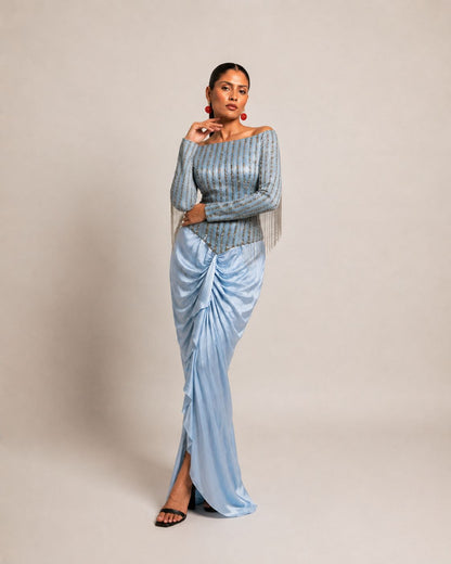 Powder Blue Off-Shoulder Embellished Draped Dress