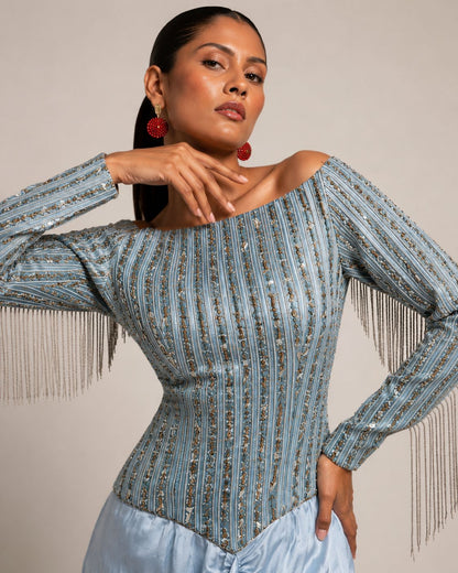 Powder Blue Off-Shoulder Embellished Draped Dress