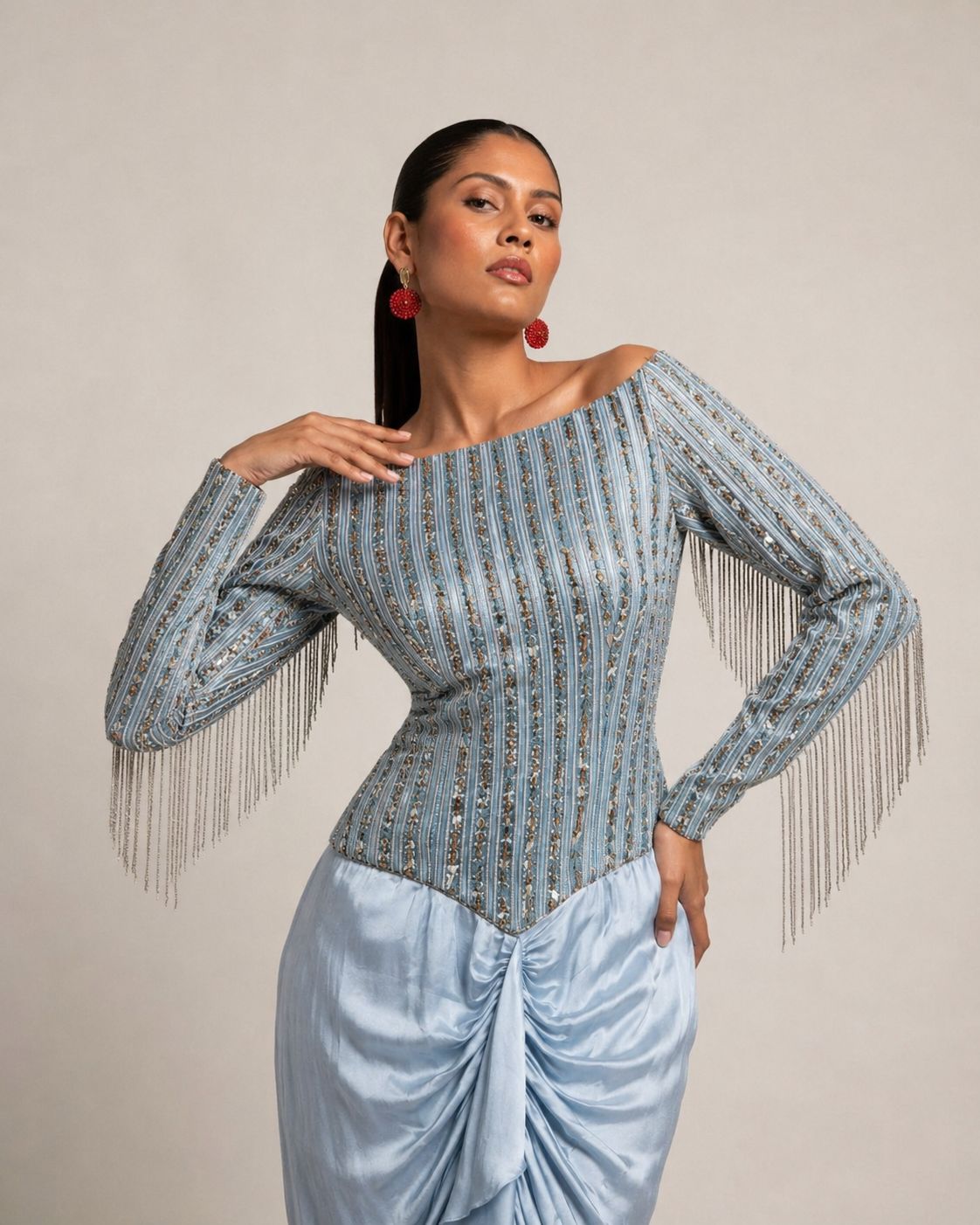 Powder Blue Off-Shoulder Embellished Draped Dress