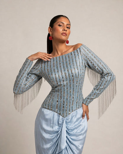 Powder Blue Off-Shoulder Embellished Draped Dress
