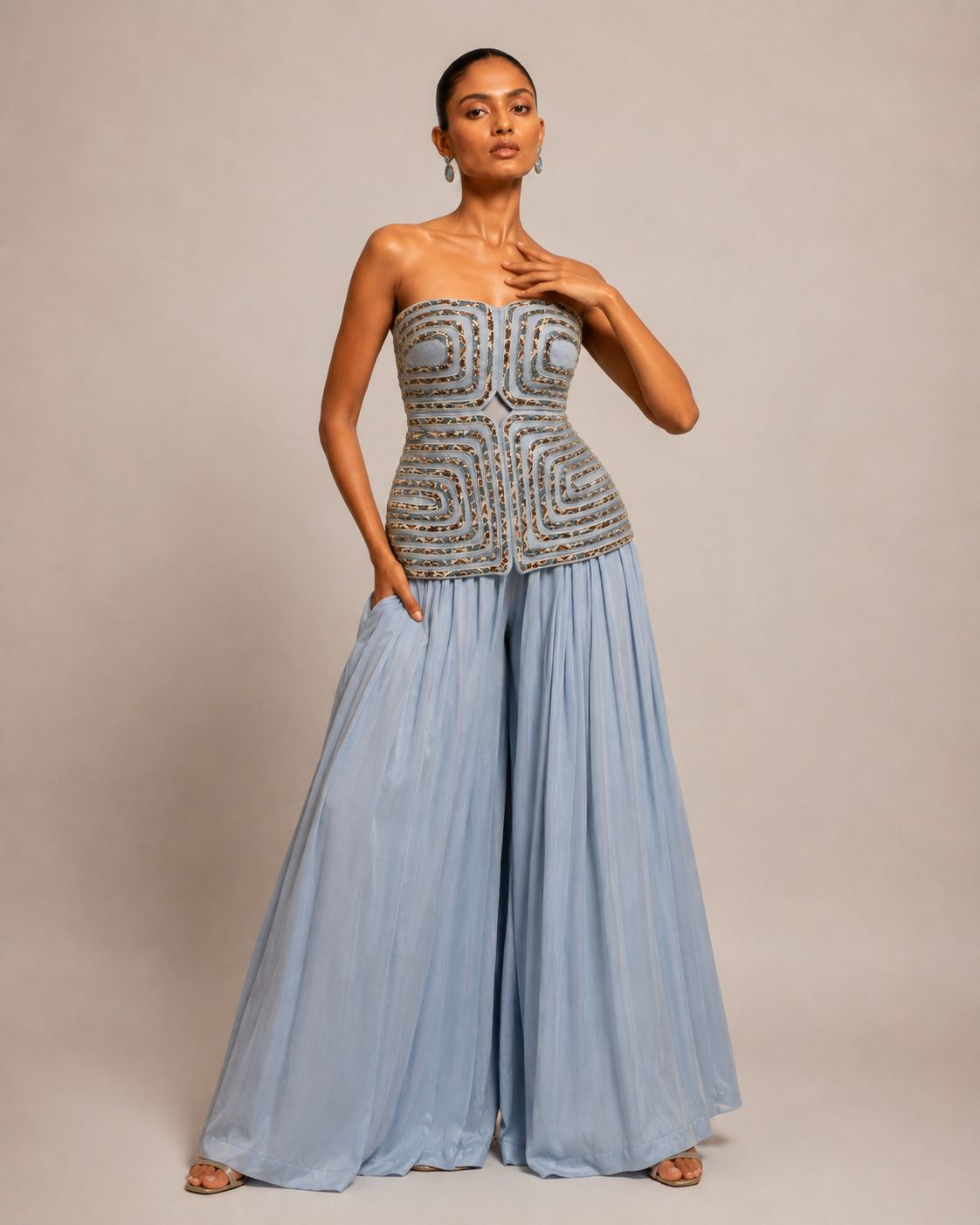 Powder Blue Embellished Corset Top with Flowy Palazzo Pants