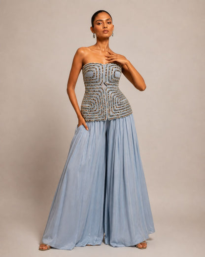 Powder Blue Embellished Corset Top with Flowy Palazzo Pants