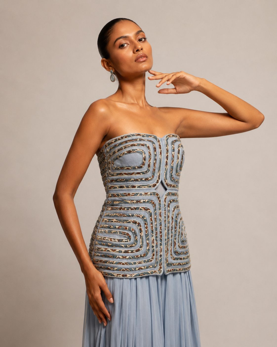 Powder Blue Embellished Corset Top with Flowy Palazzo Pants