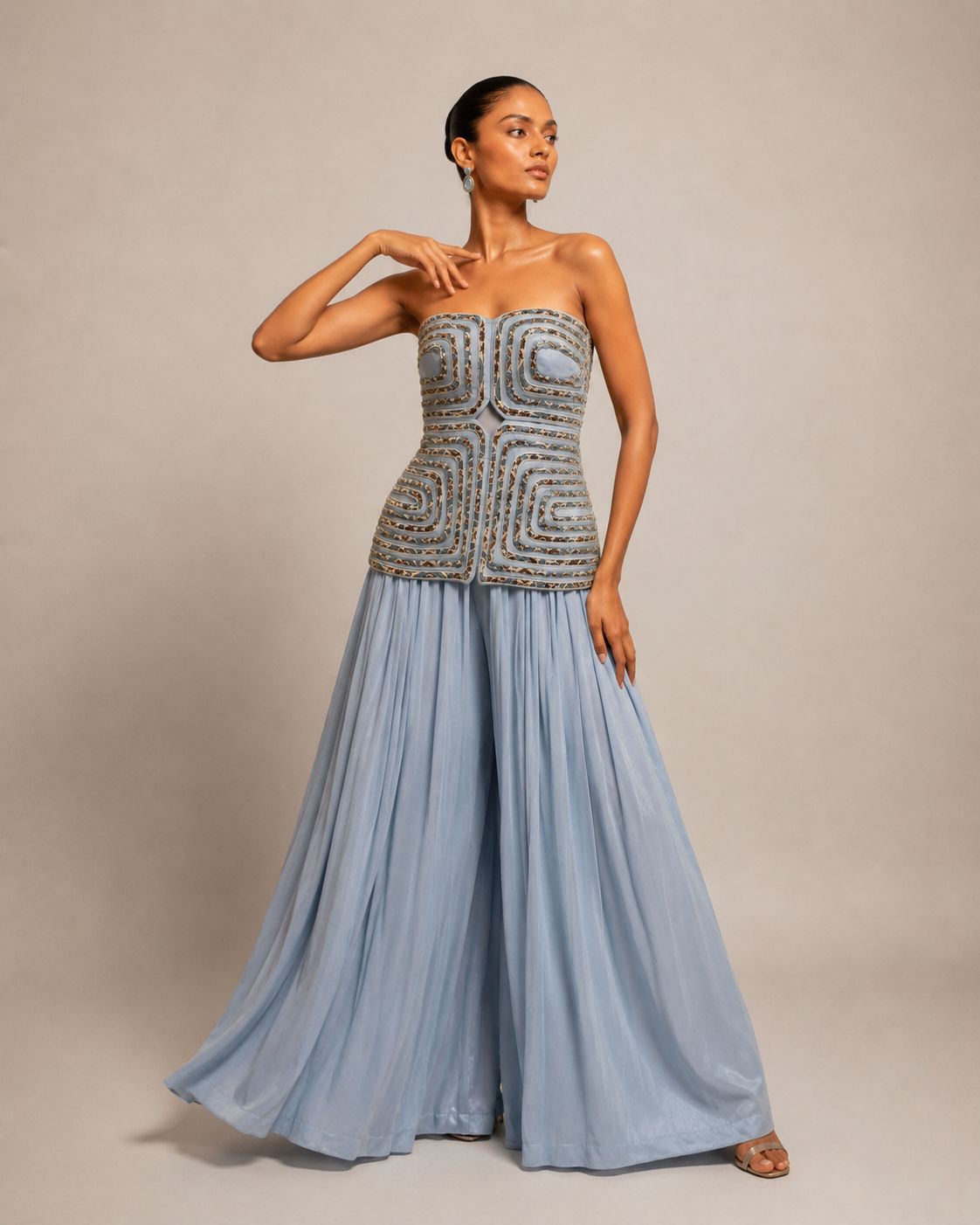 Powder Blue Embellished Corset Top with Flowy Palazzo Pants