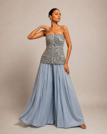 Powder Blue Embellished Corset Top with Flowy Palazzo Pants