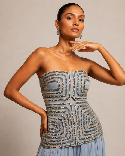 Powder Blue Embellished Corset Top with Flowy Palazzo Pants