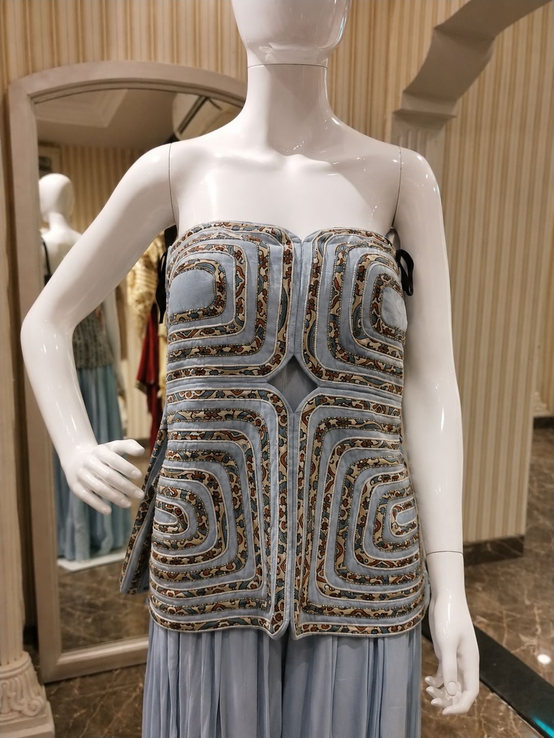 Powder Blue Embellished Corset Top with Flowy Palazzo Pants