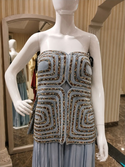 Powder Blue Embellished Corset Top with Flowy Palazzo Pants