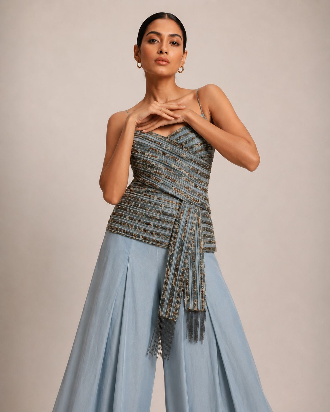 Powder Blue Embellished Wrap Top with Wide Leg Pants
