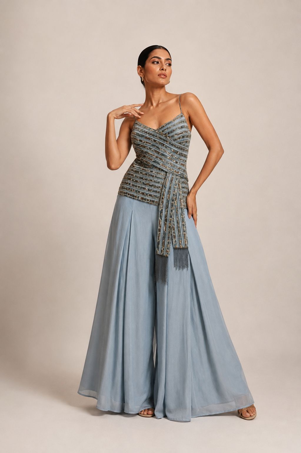 Powder Blue Embellished Wrap Top with Wide Leg Pants