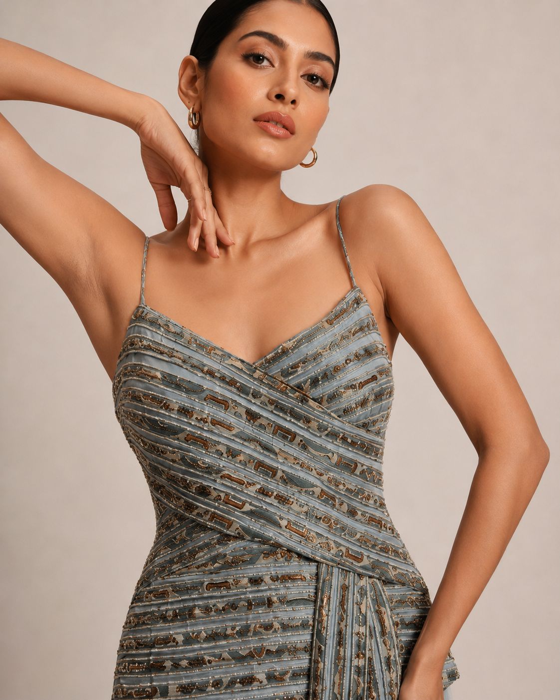 Powder Blue Embellished Wrap Top with Wide Leg Pants