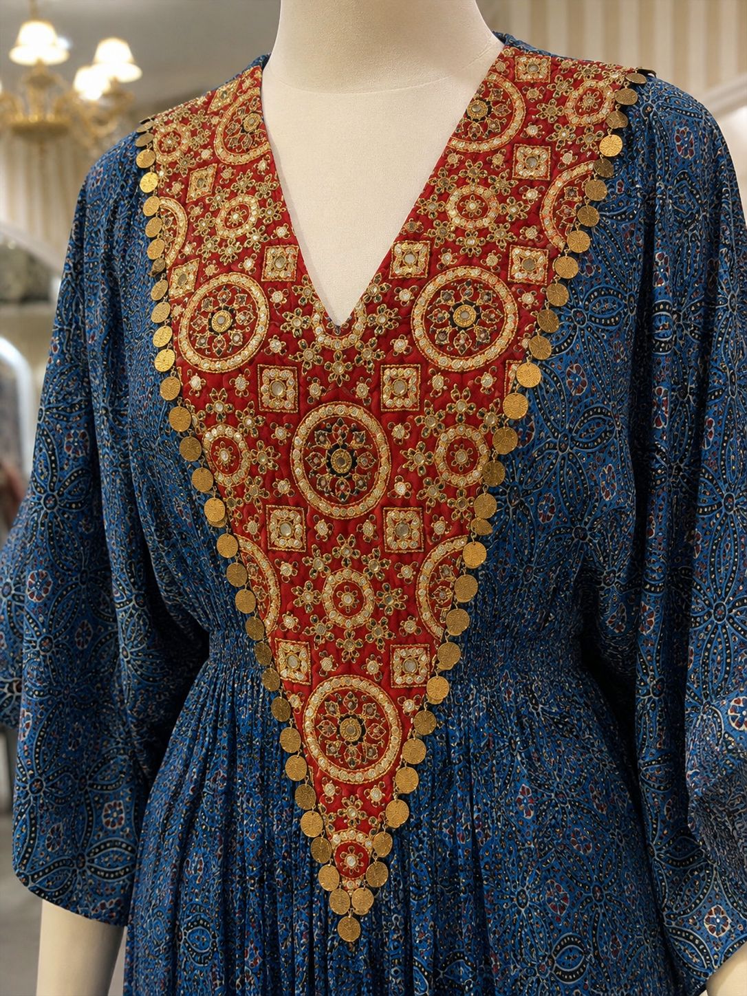 Blue Printed Draped Kaftan Co-ord Set with Embellished V-Neck