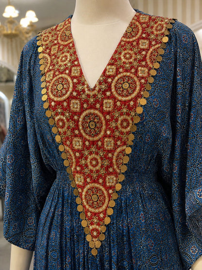 Blue Printed Draped Kaftan Co-ord Set with Embellished V-Neck