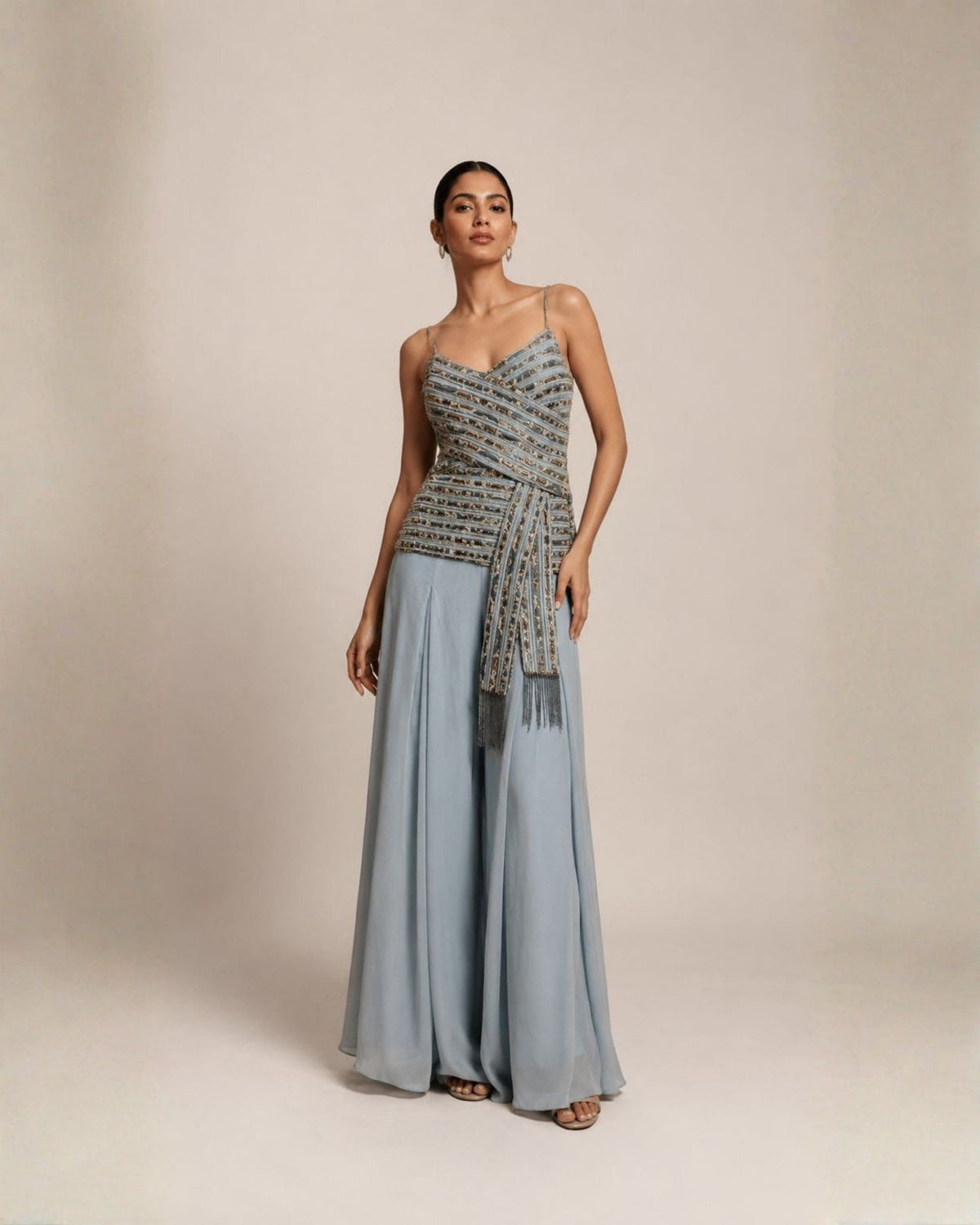 Powder Blue Embellished Wrap Top with Wide Leg Pants