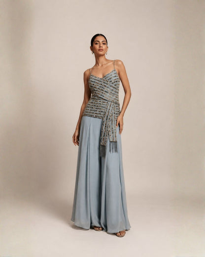Powder Blue Embellished Wrap Top with Wide Leg Pants