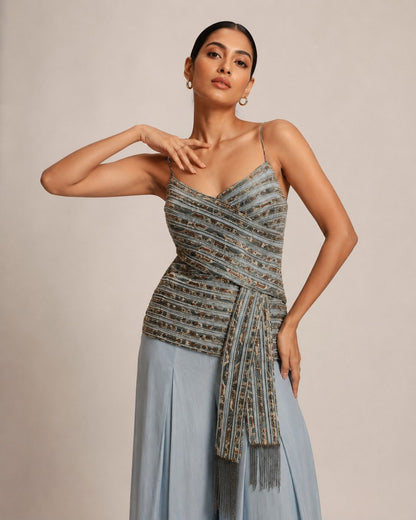 Powder Blue Embellished Wrap Top with Wide Leg Pants