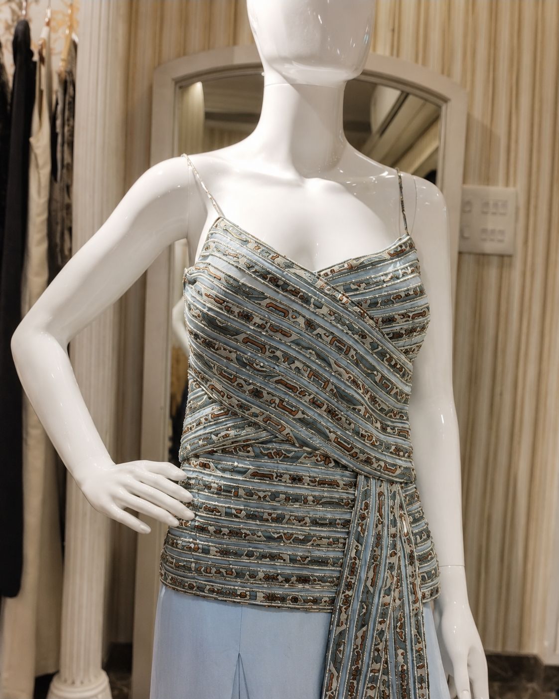 Powder Blue Embellished Wrap Top with Wide Leg Pants