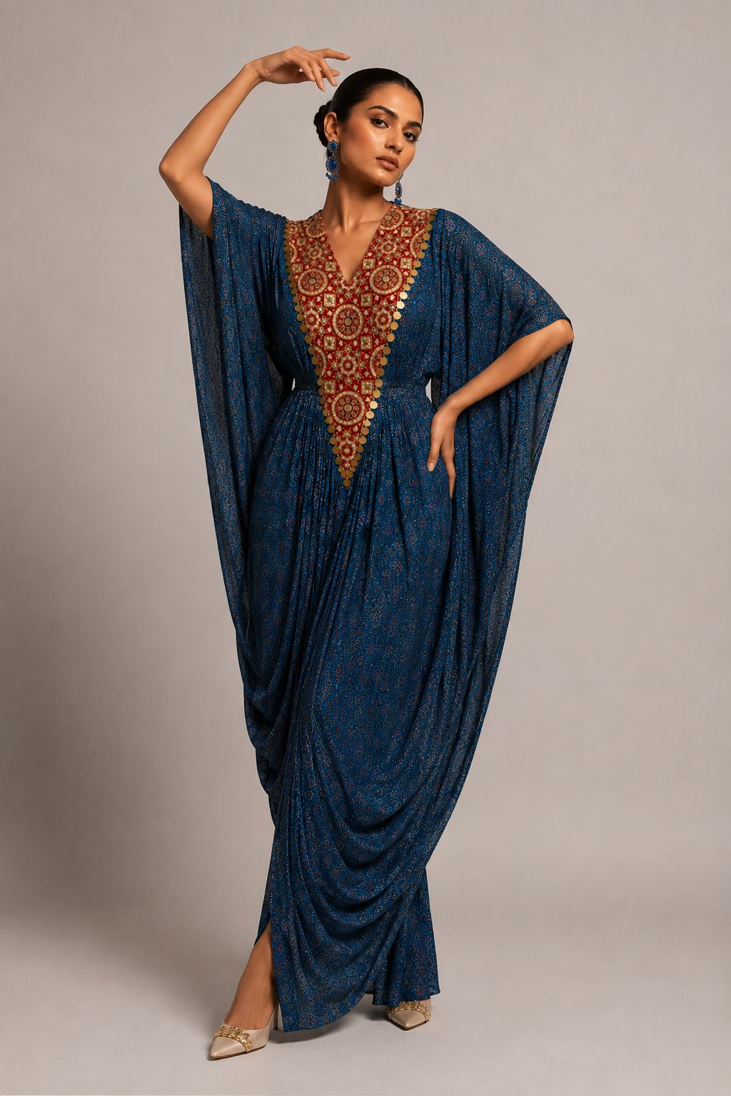 Blue Printed Draped Kaftan Co-ord Set with Embellished V-Neck