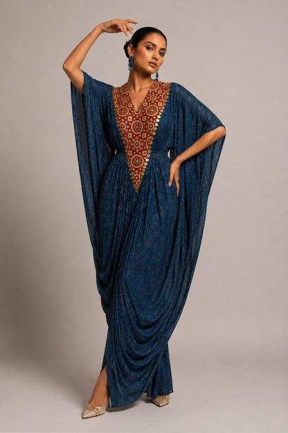 Blue Printed Draped Kaftan Co-ord Set with Embellished V-Neck