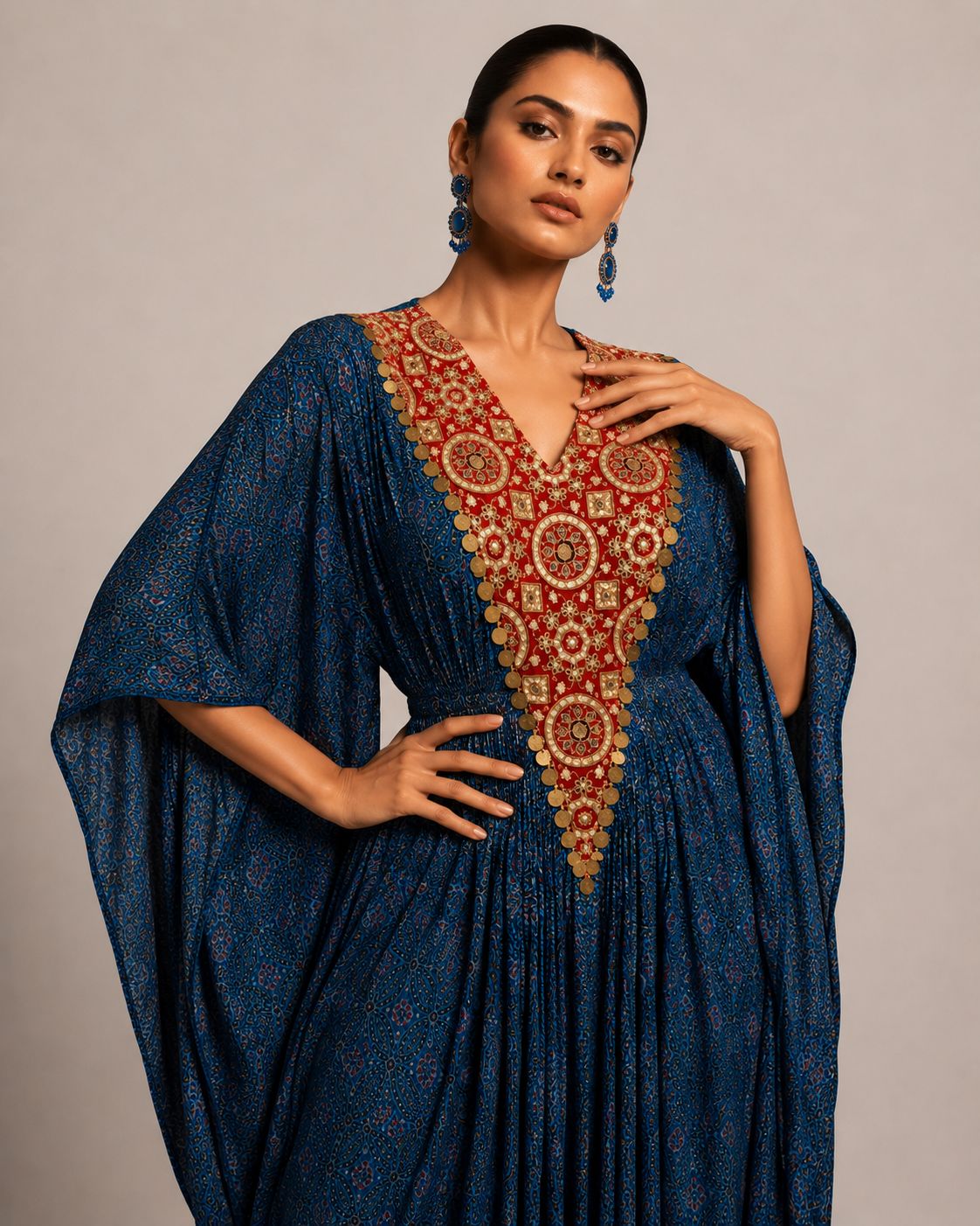 Blue Printed Draped Kaftan Co-ord Set with Embellished V-Neck