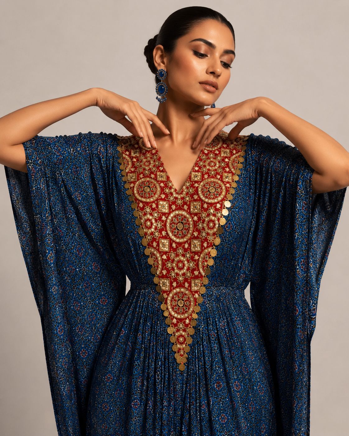 Blue Printed Draped Kaftan Co-ord Set with Embellished V-Neck