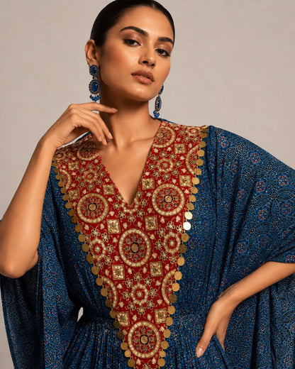 Blue Printed Draped Kaftan Co-ord Set with Embellished V-Neck