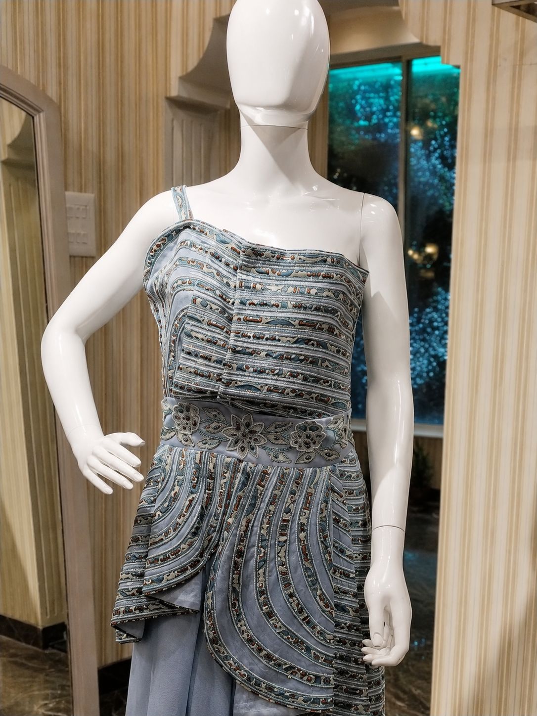 Steel Blue Embellished One-Shoulder Co-ord Set